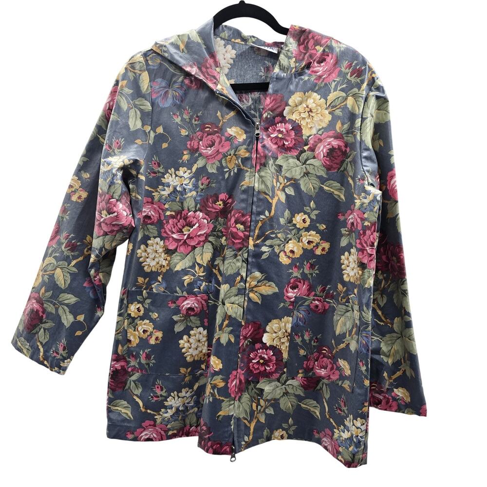 Blair Jacket Womens Small Floral Hooded Full Zip Blue Pink Raincoat Lightweight